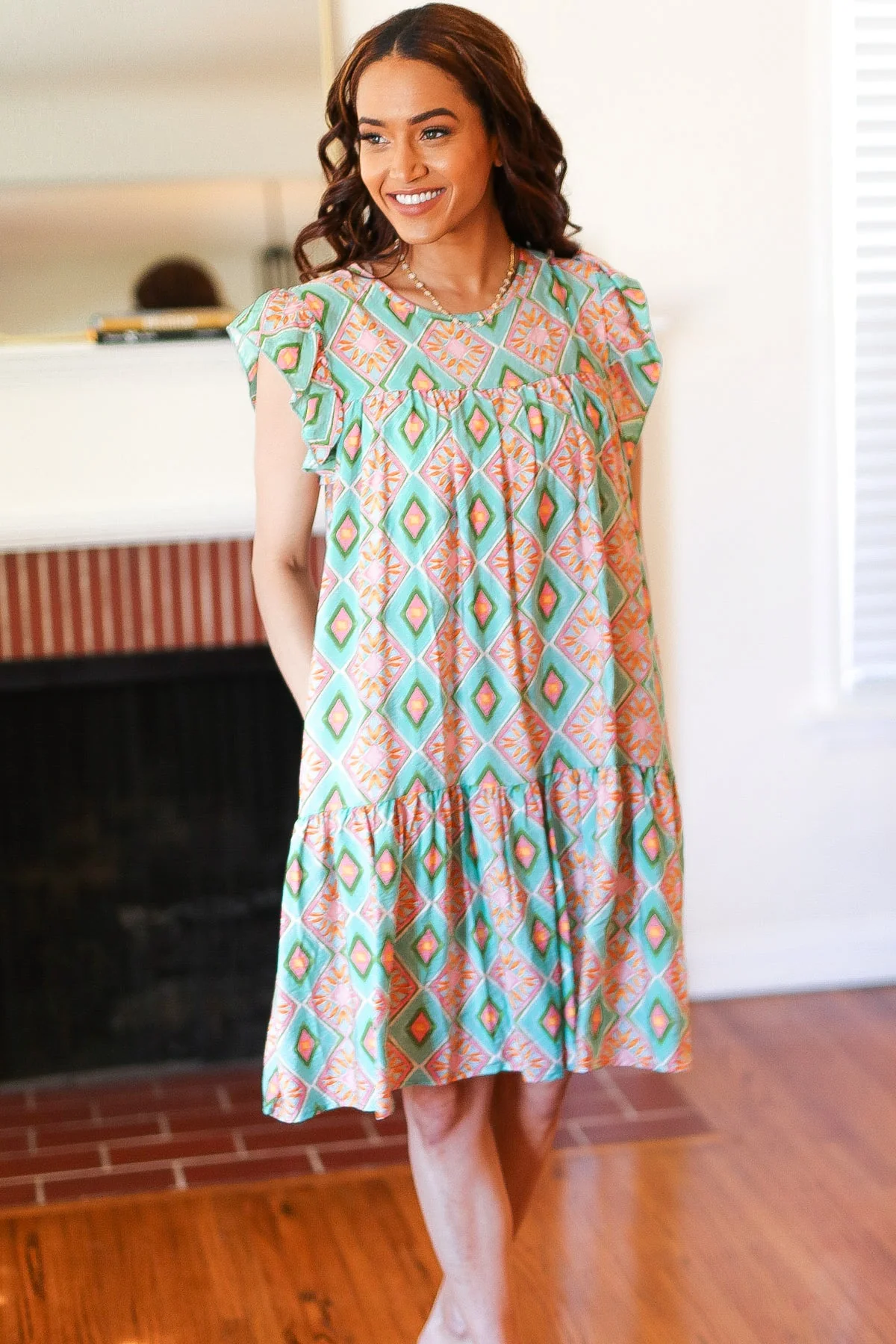Mint Geo Boho Print Yoke Poplin Woven Dress - Image 7