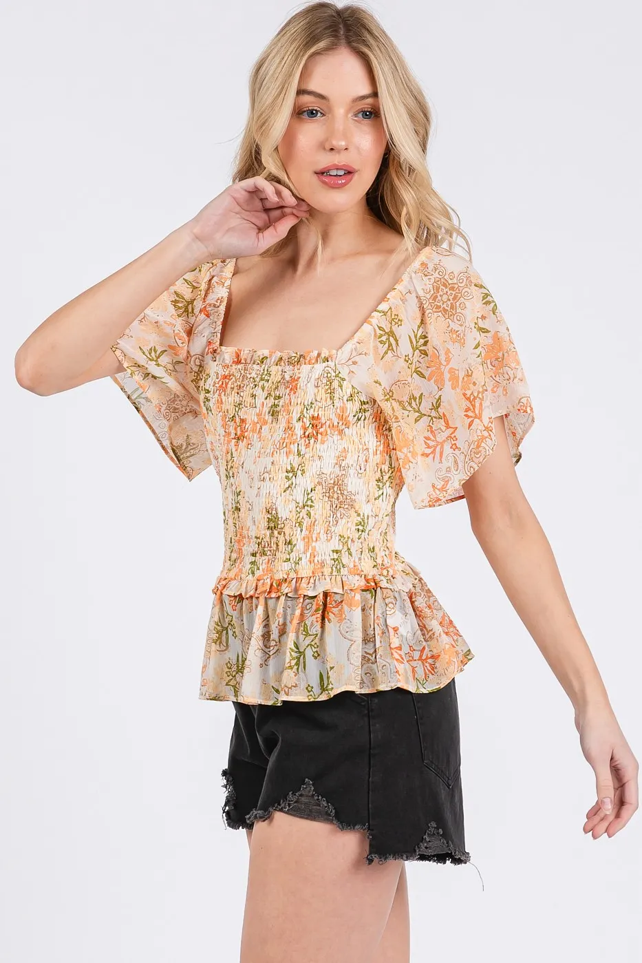 Mittoshop Floral Chiffon Smocked Square Neck Peplum Top - Image 2