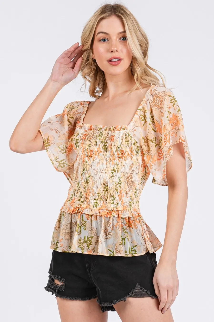 Mittoshop Floral Chiffon Smocked Square Neck Peplum Top - Image 3