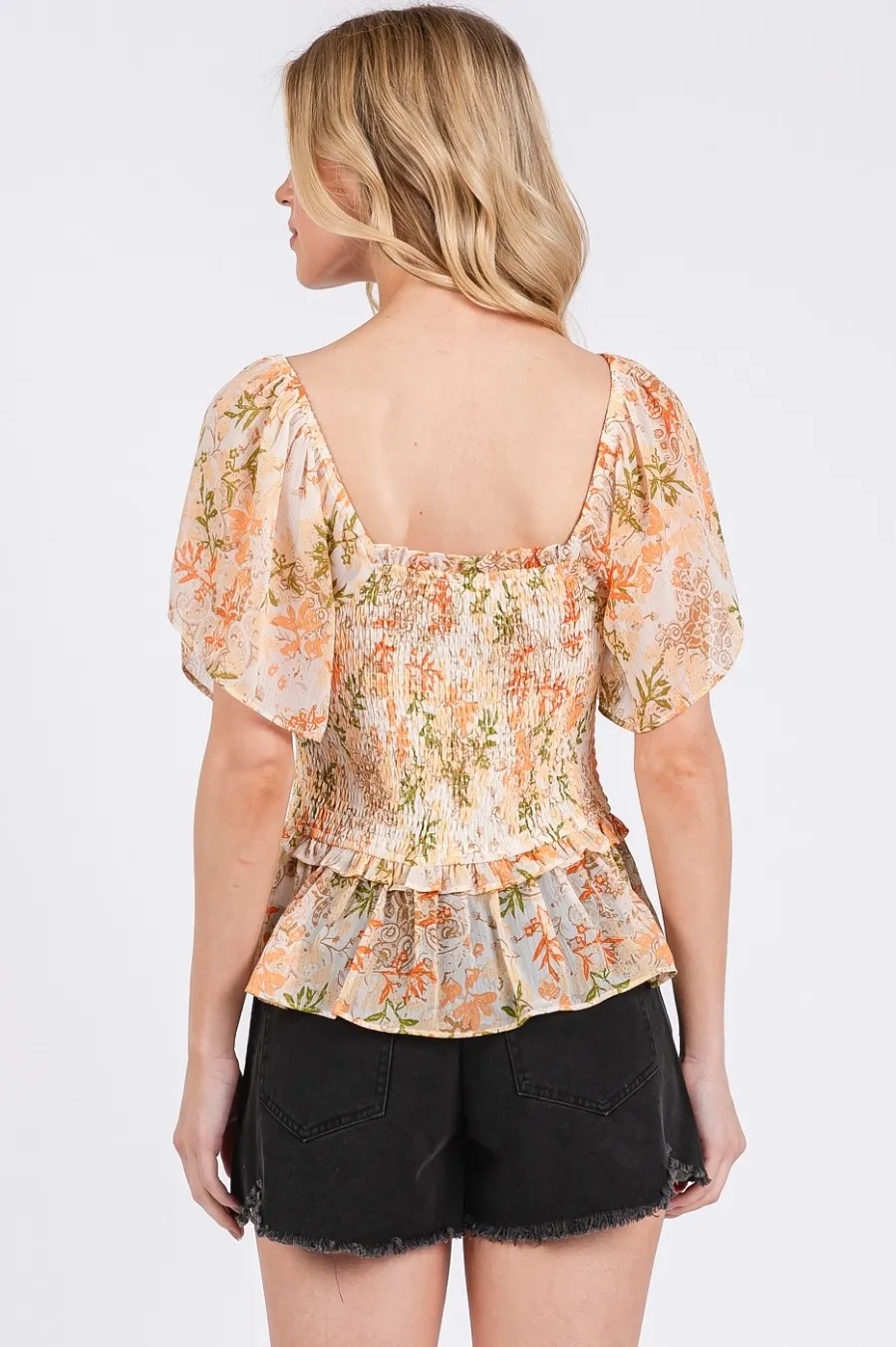 Mittoshop Floral Chiffon Smocked Square Neck Peplum Top - Image 4