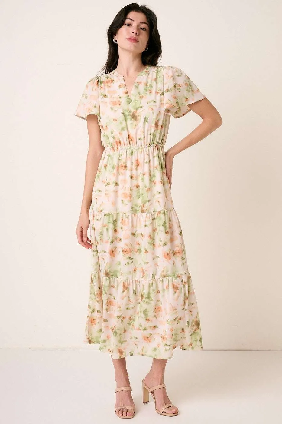 Mittoshop Flower Print Flutter Sleeve V Slit Maxi Dress - Image 2