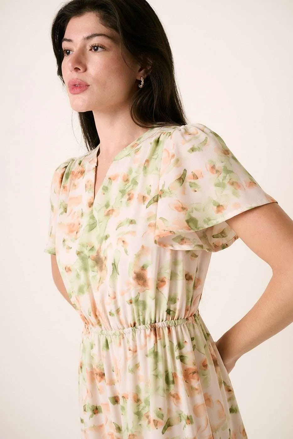 Mittoshop Flower Print Flutter Sleeve V Slit Maxi Dress - Image 3