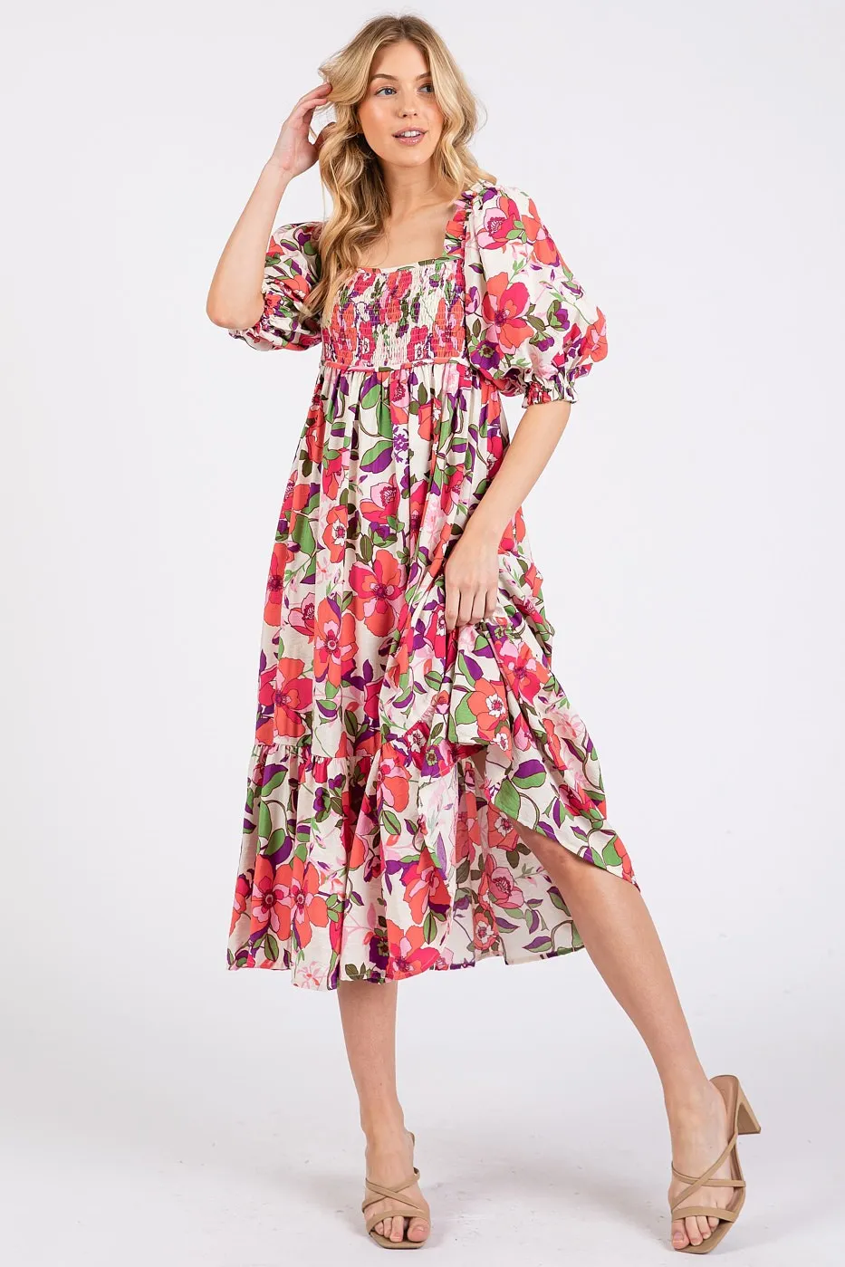 Mittoshop Flower Print Puff Sleeve Ruffle Smocked Midi Dress - Image 2