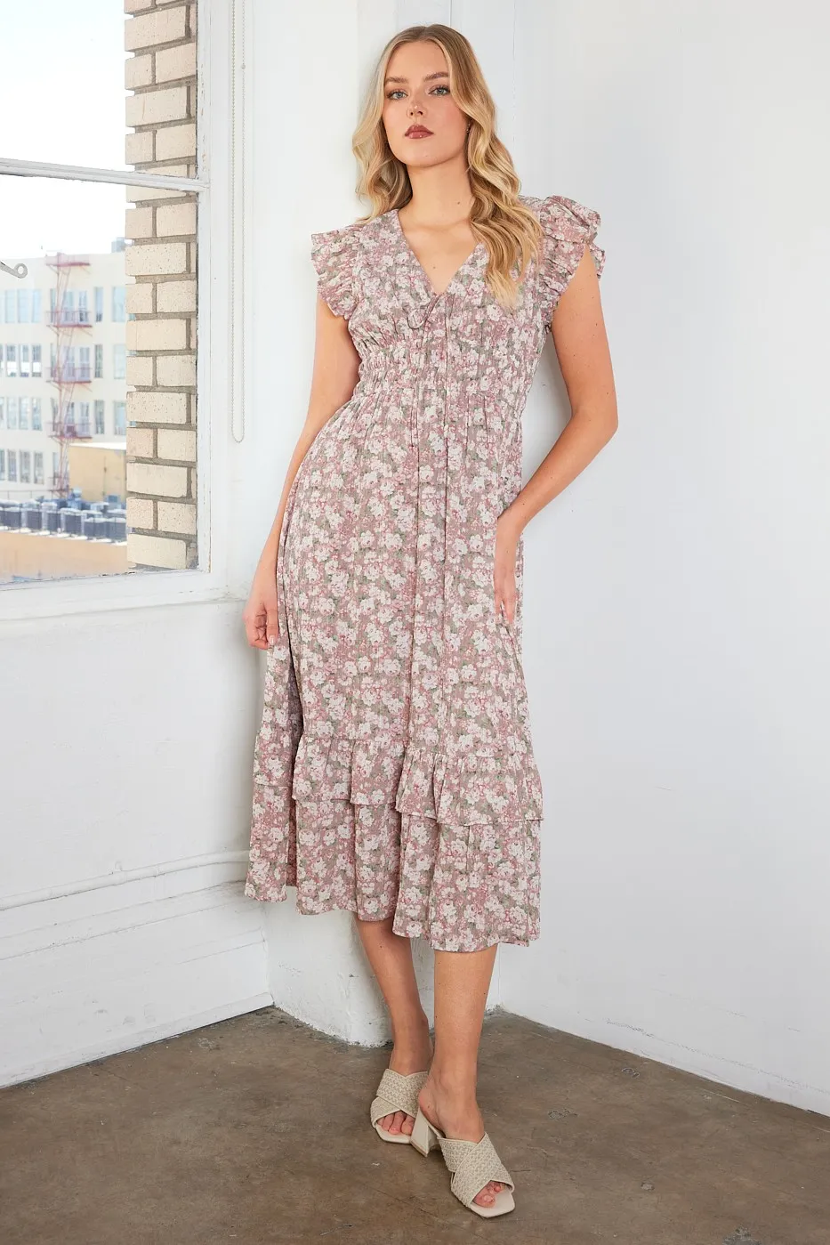 Mittoshop Flower Print Ruffle Cap Sleeve V-neck Midi Dress - Image 3