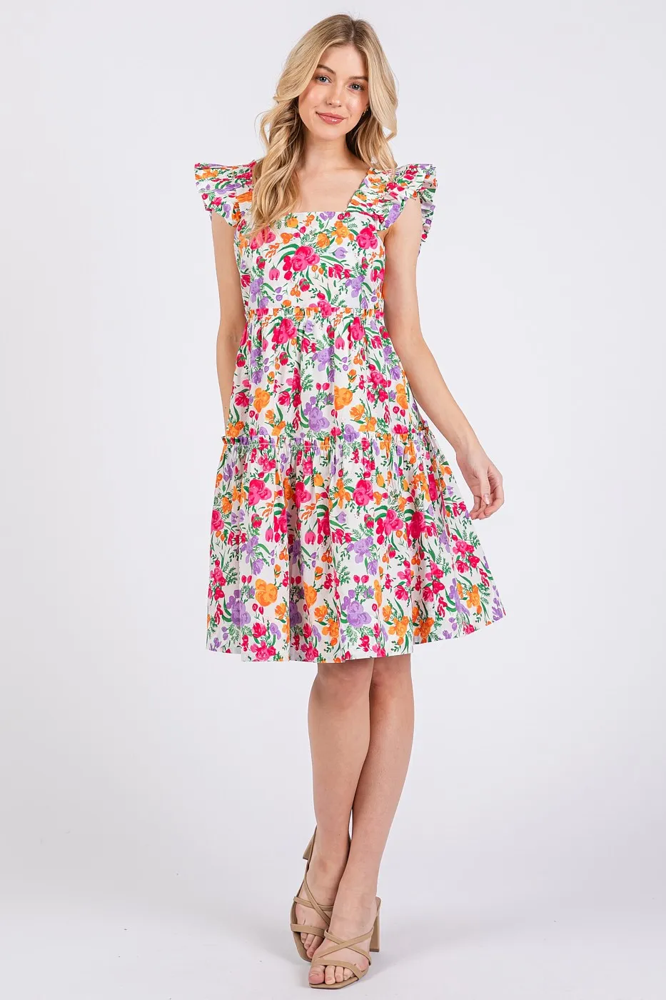 Mittoshop Flower Print Ruffle Shoulder A-line Mini Dress - Image 6