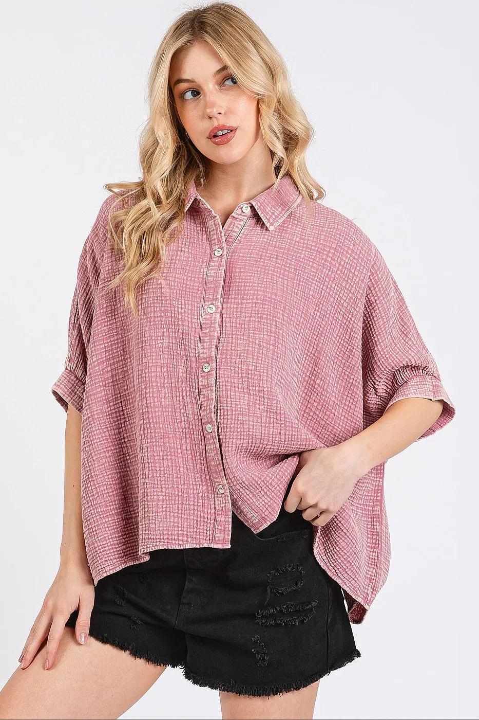 Mittoshop Mineral Wash Gauze Dolman Sleeve Button Down Shirt - Image 3