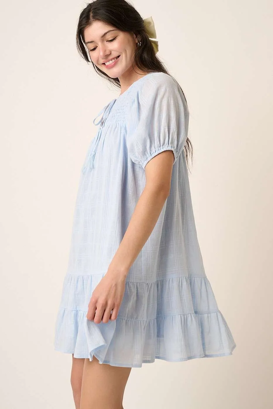 Mittoshop Tassel Tie Plaid Gauze Short Sleeve Mini Dress - Image 4