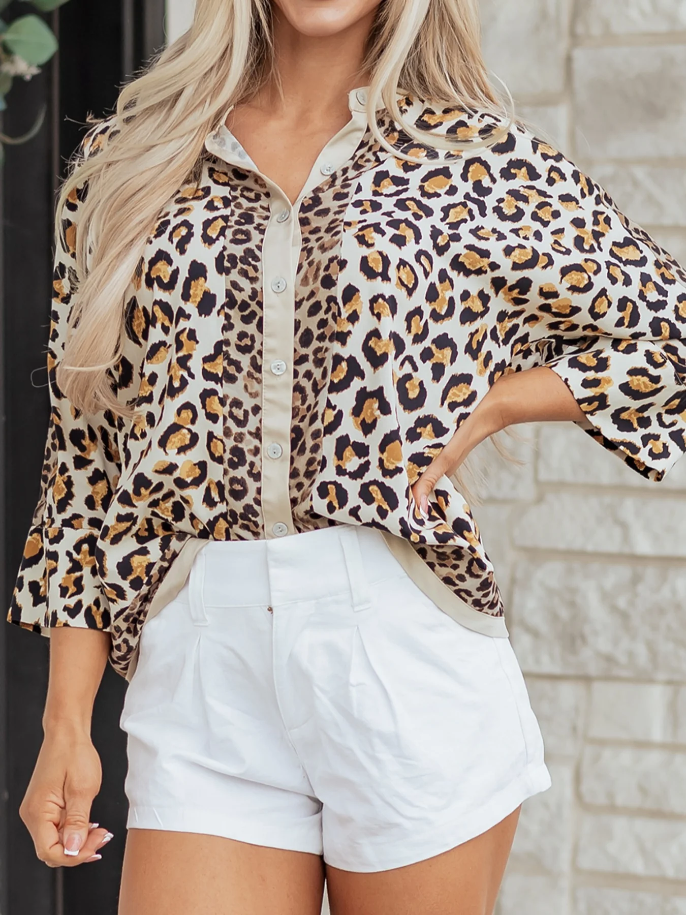 Mixed Leopard Patchwork 3/4 Sleeve Loose Shirt