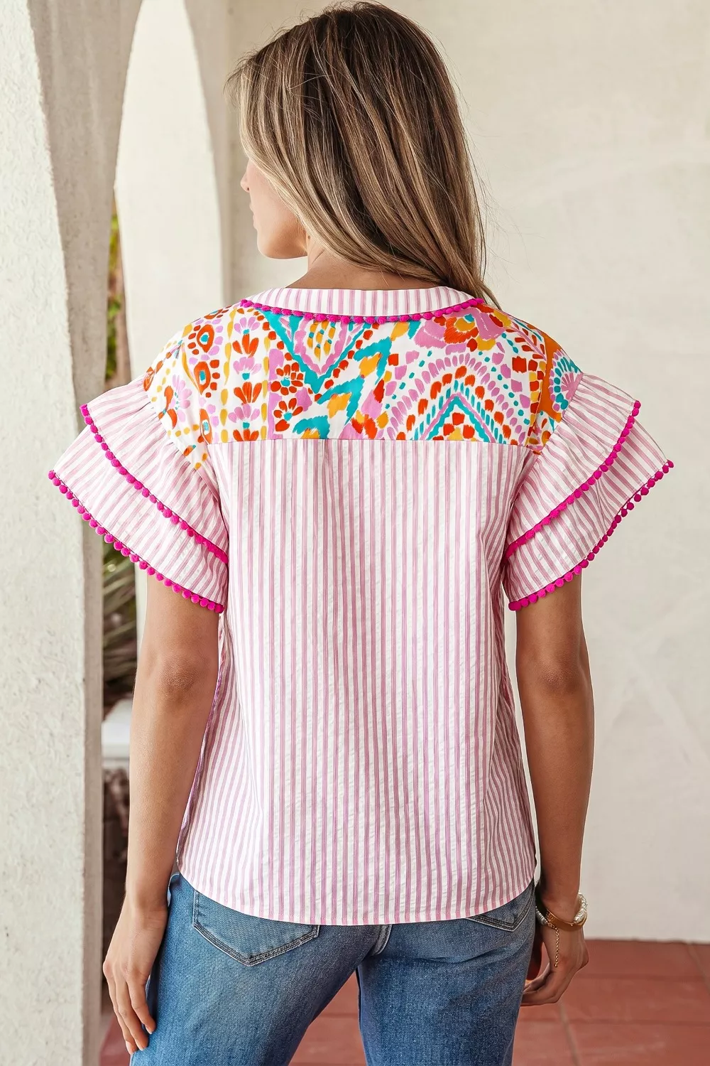 Mixed Print Contrast Trim Striped Patchwork Tiered Short Sleeve Blouse - Image 2