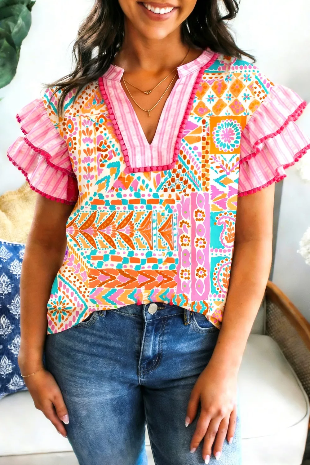 Mixed Print Contrast Trim Striped Patchwork Tiered Short Sleeve Blouse - Image 3