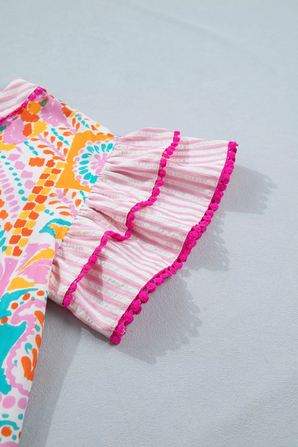 Mixed Print Contrast Trim Striped Patchwork Tiered Short Sleeve Blouse - Image 9