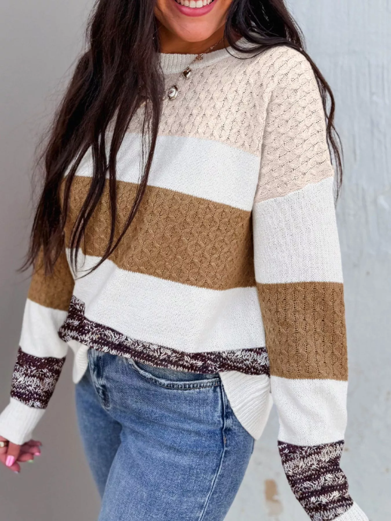 Mixed Texture Knit Striped Color Block Loose Sweater - Image 11