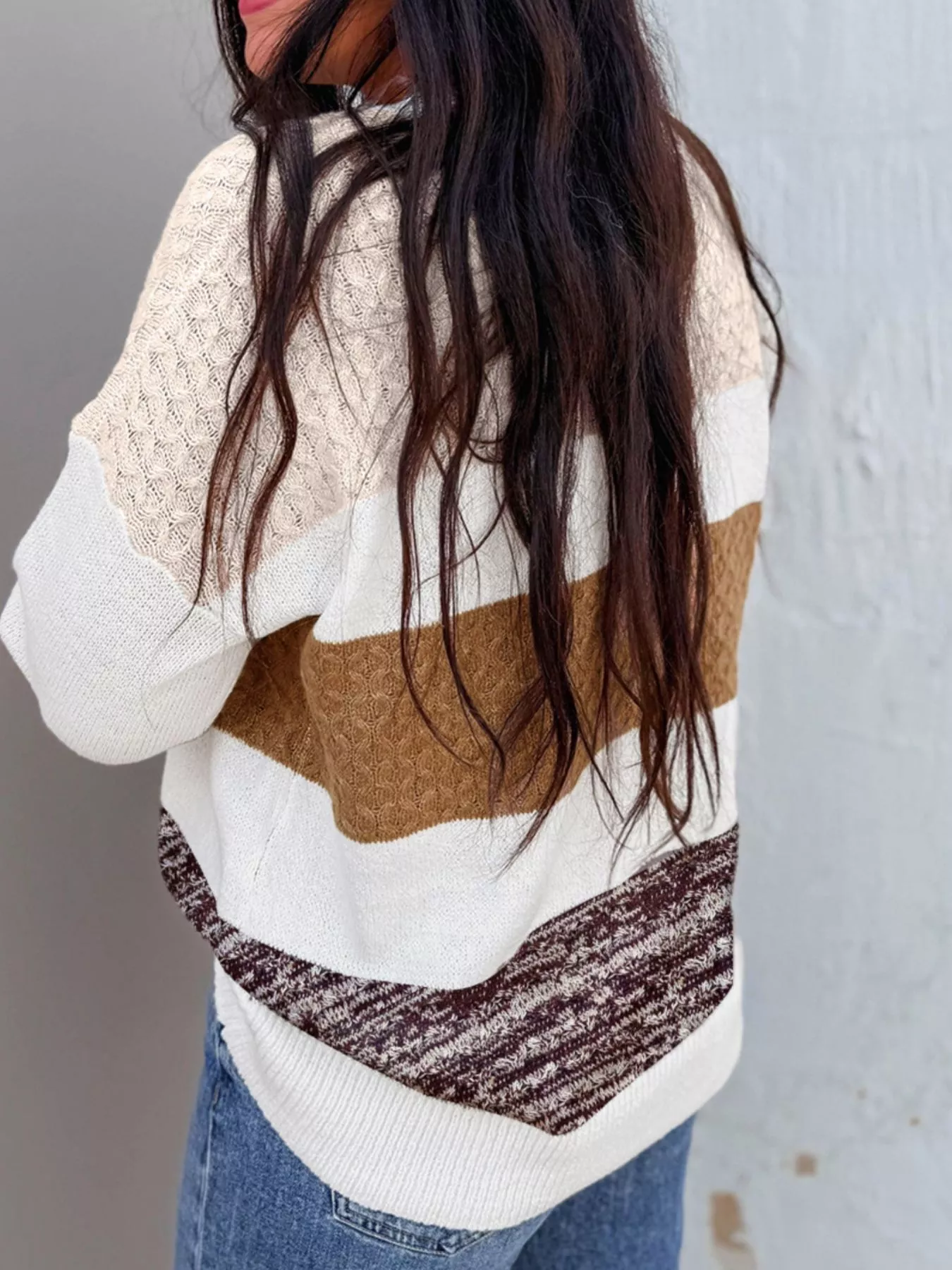Mixed Texture Knit Striped Color Block Loose Sweater - Image 4