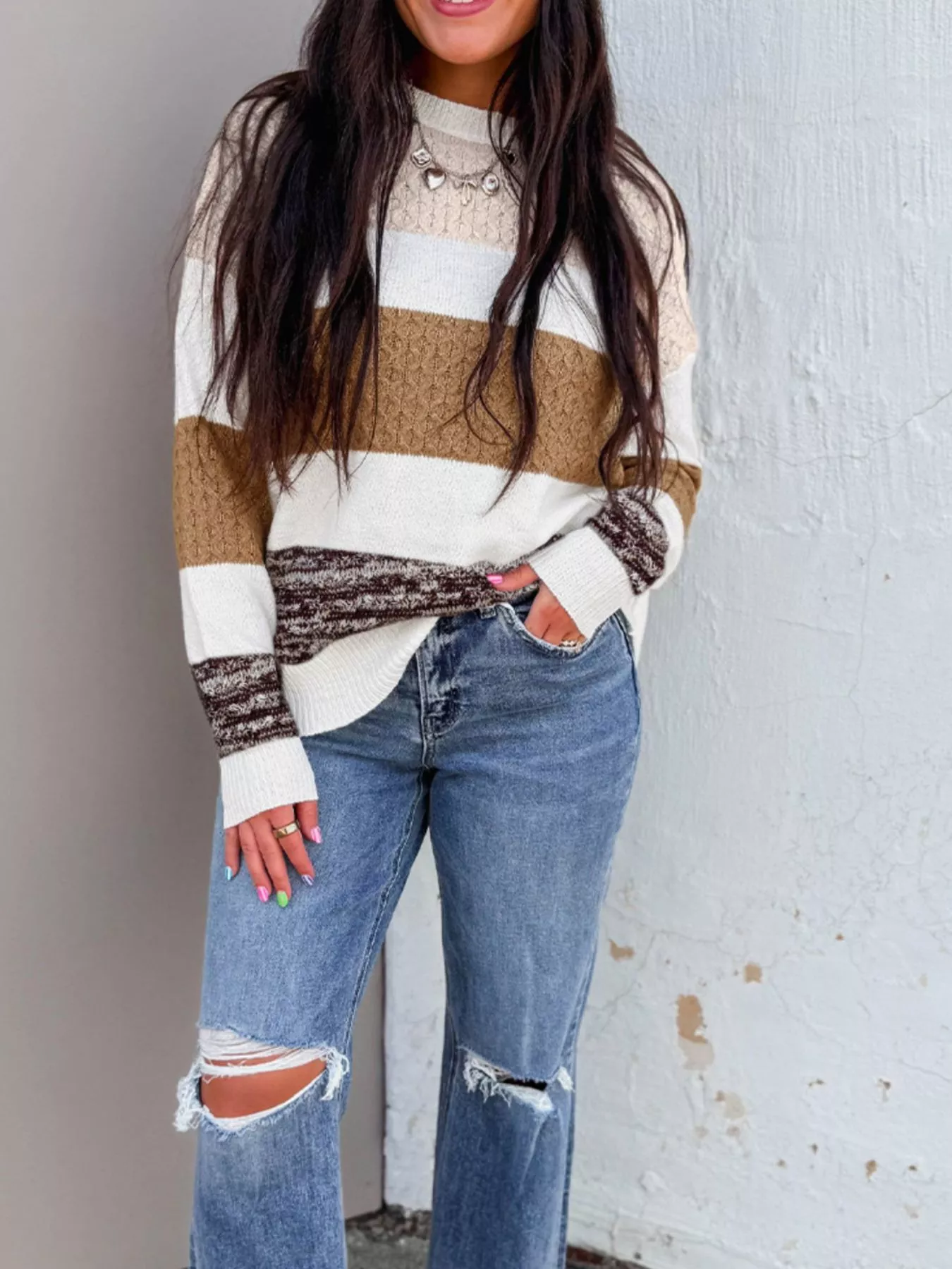 Mixed Texture Knit Striped Color Block Loose Sweater - Image 5