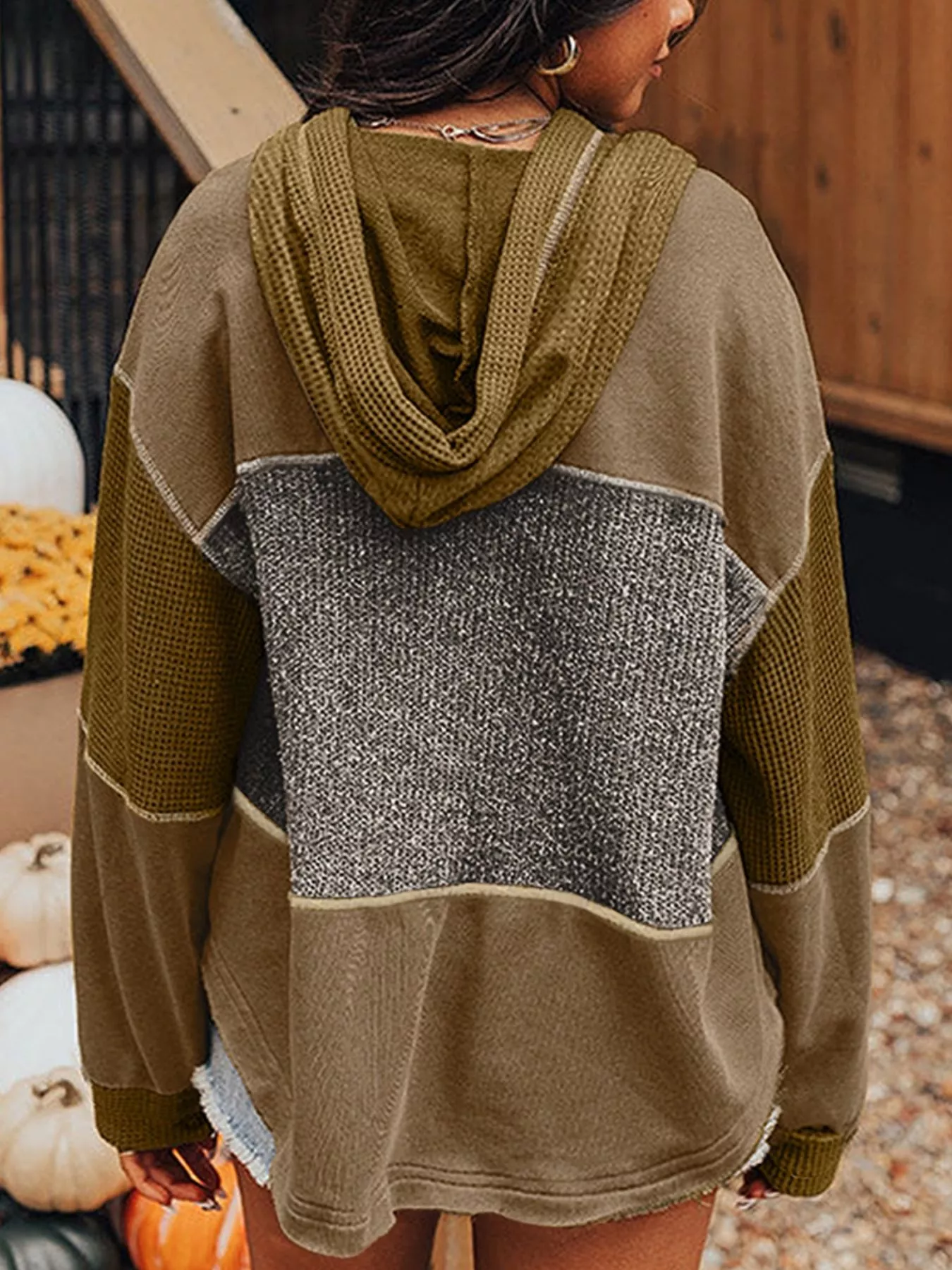 Mixed Texture Patchwork Exposed Seam Half Button Hoodie - Image 3