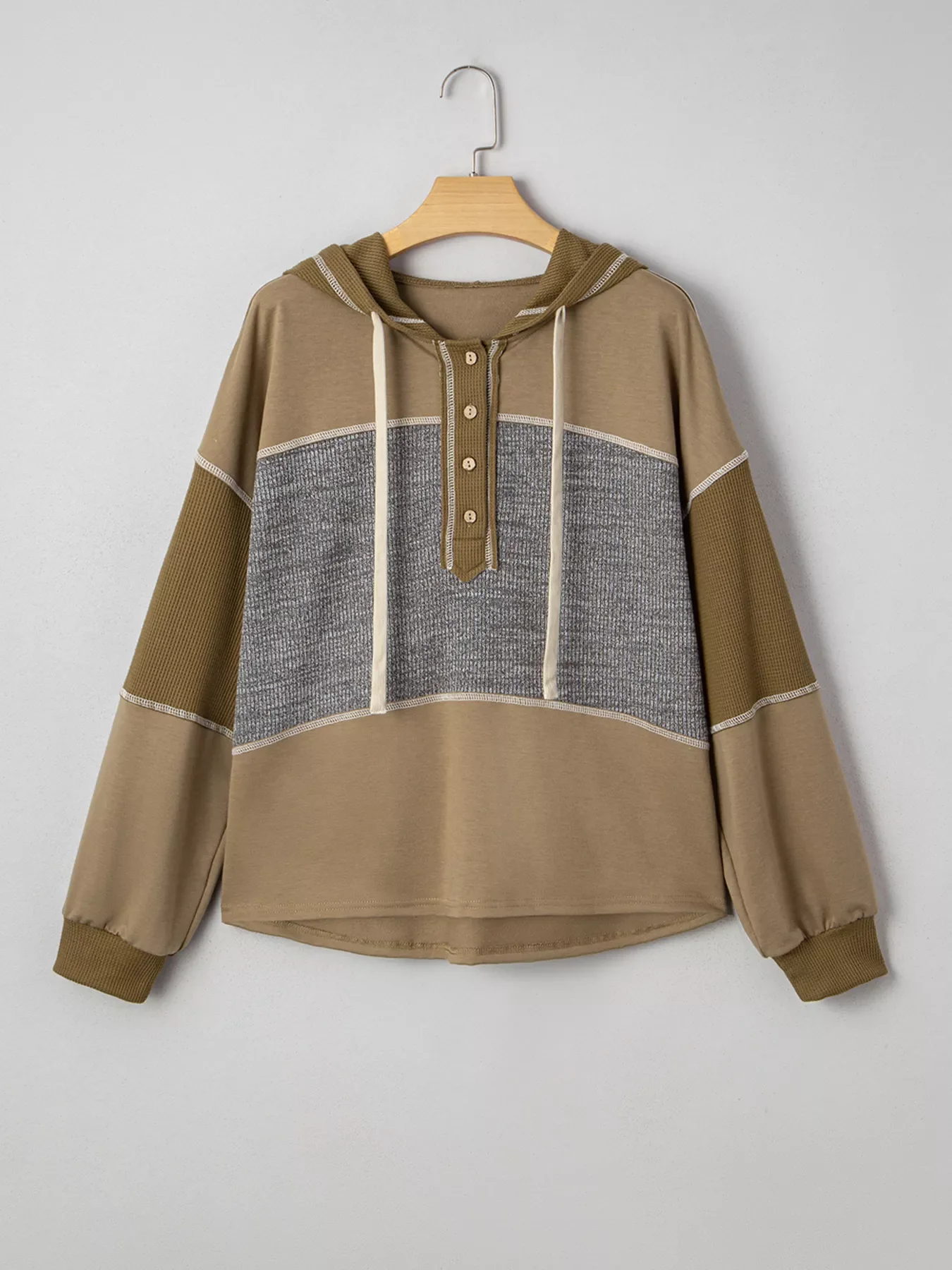 Mixed Texture Patchwork Exposed Seam Half Button Hoodie - Image 4