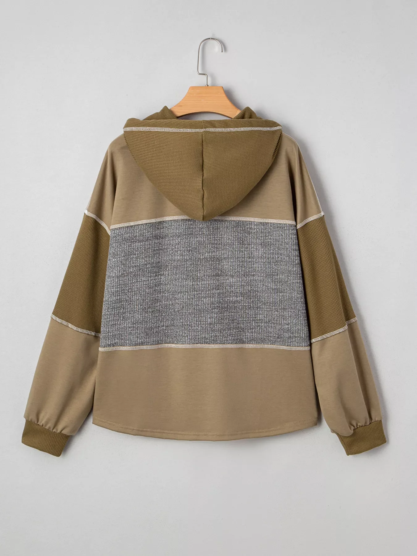 Mixed Texture Patchwork Exposed Seam Half Button Hoodie - Image 5