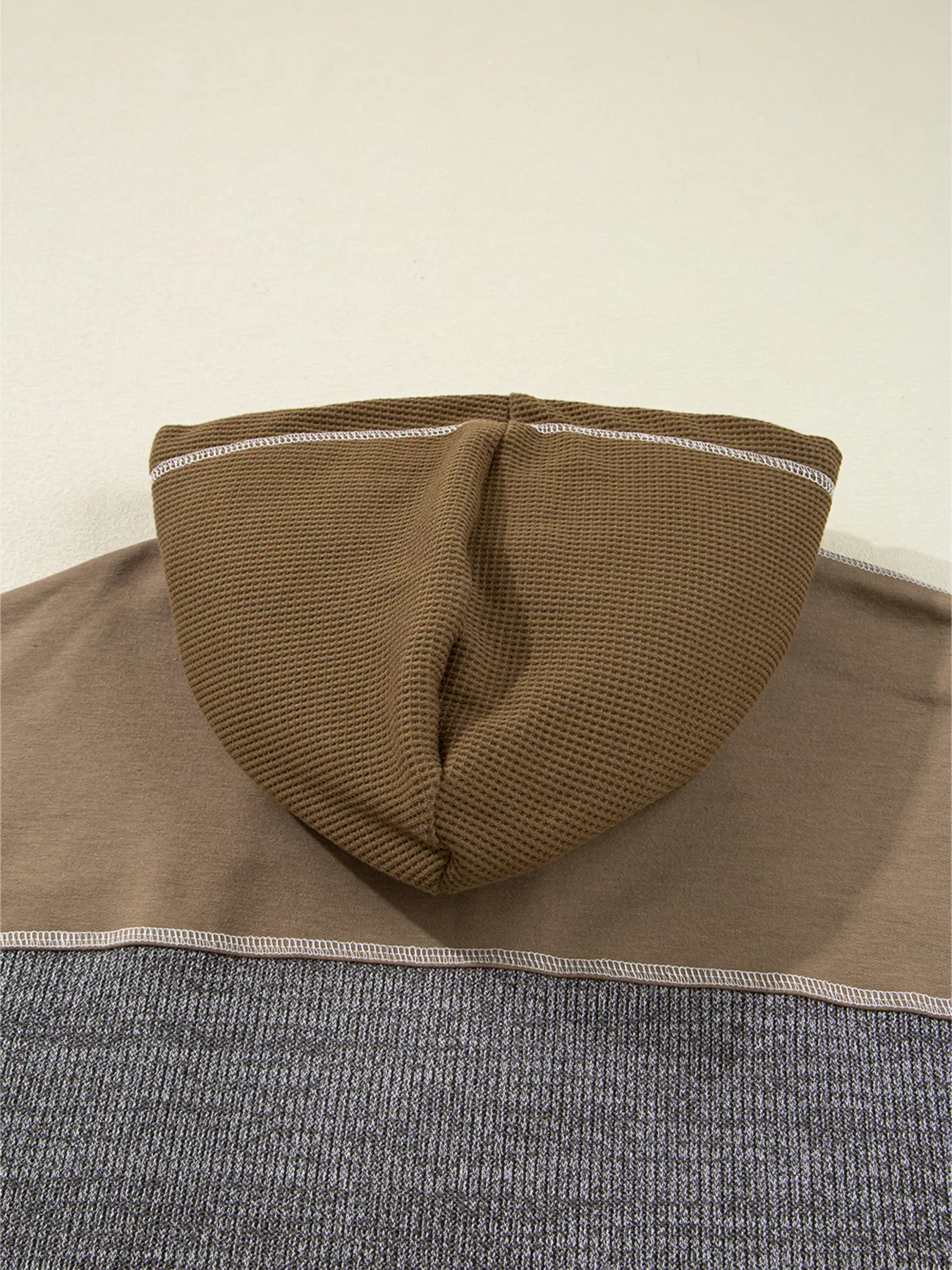 Mixed Texture Patchwork Exposed Seam Half Button Hoodie - Image 7