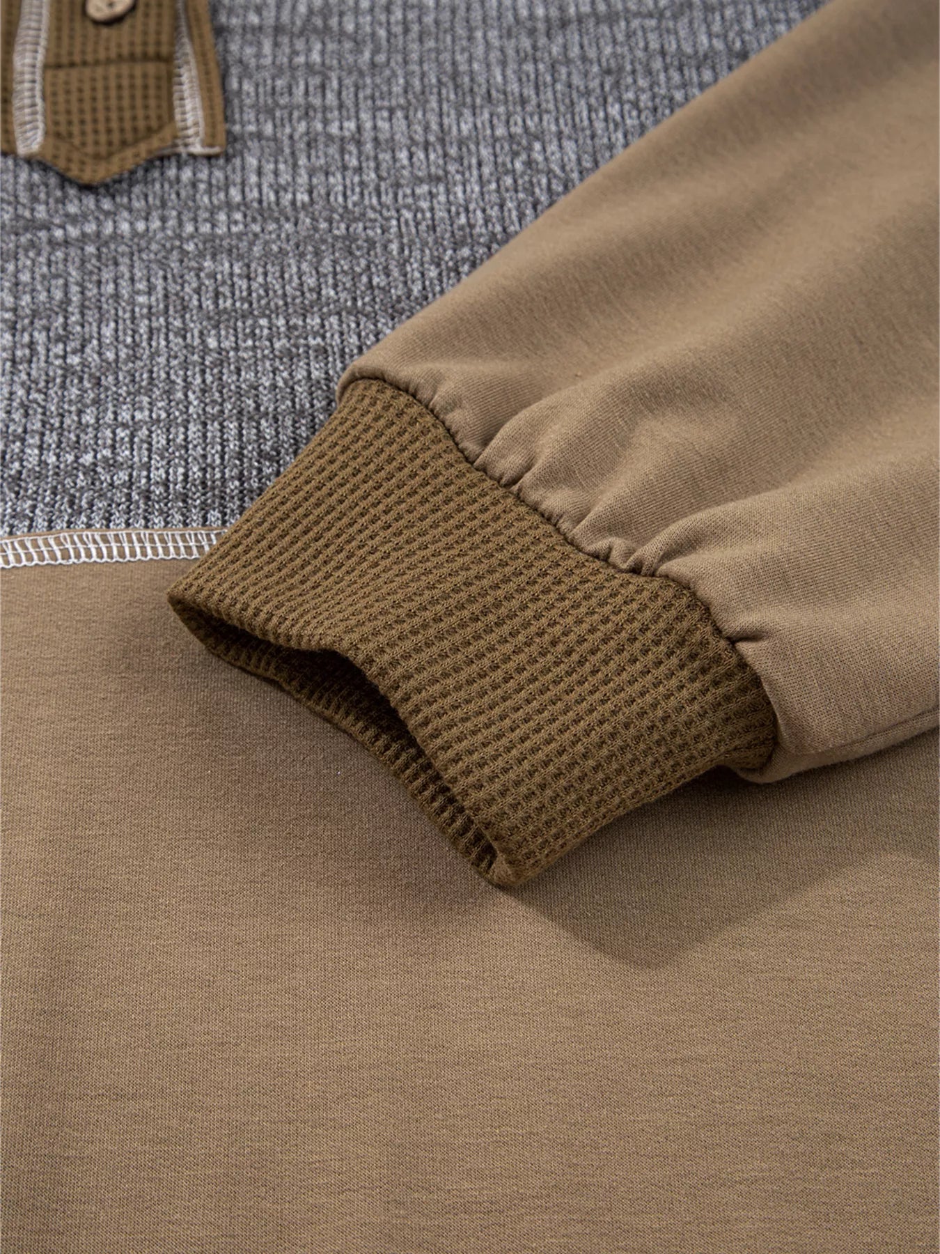 Mixed Texture Patchwork Exposed Seam Half Button Hoodie - Image 9