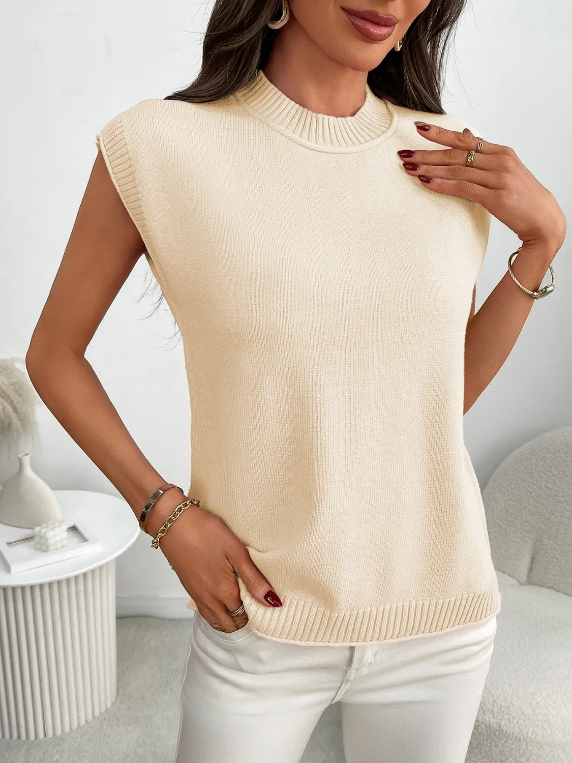 Mock Neck Cap Sleeve Knit Top - Image 2