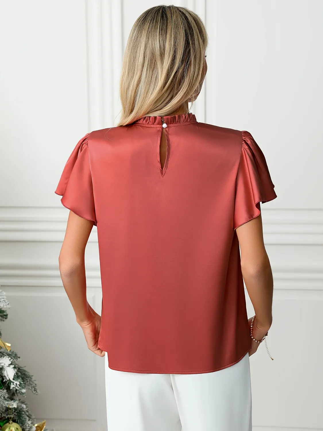 Mock Neck Flutter Sleeve Blouse - Image 2