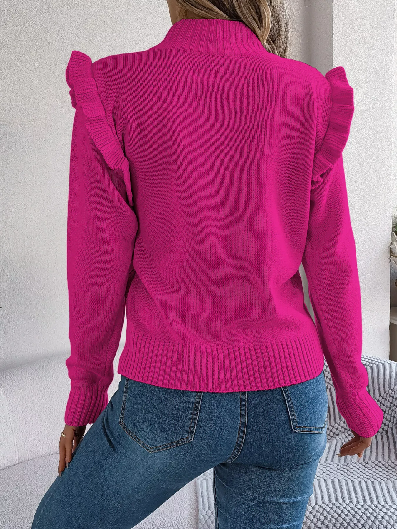 Mock Neck Ruffle Trim Long Sleeve Sweater - Image 6