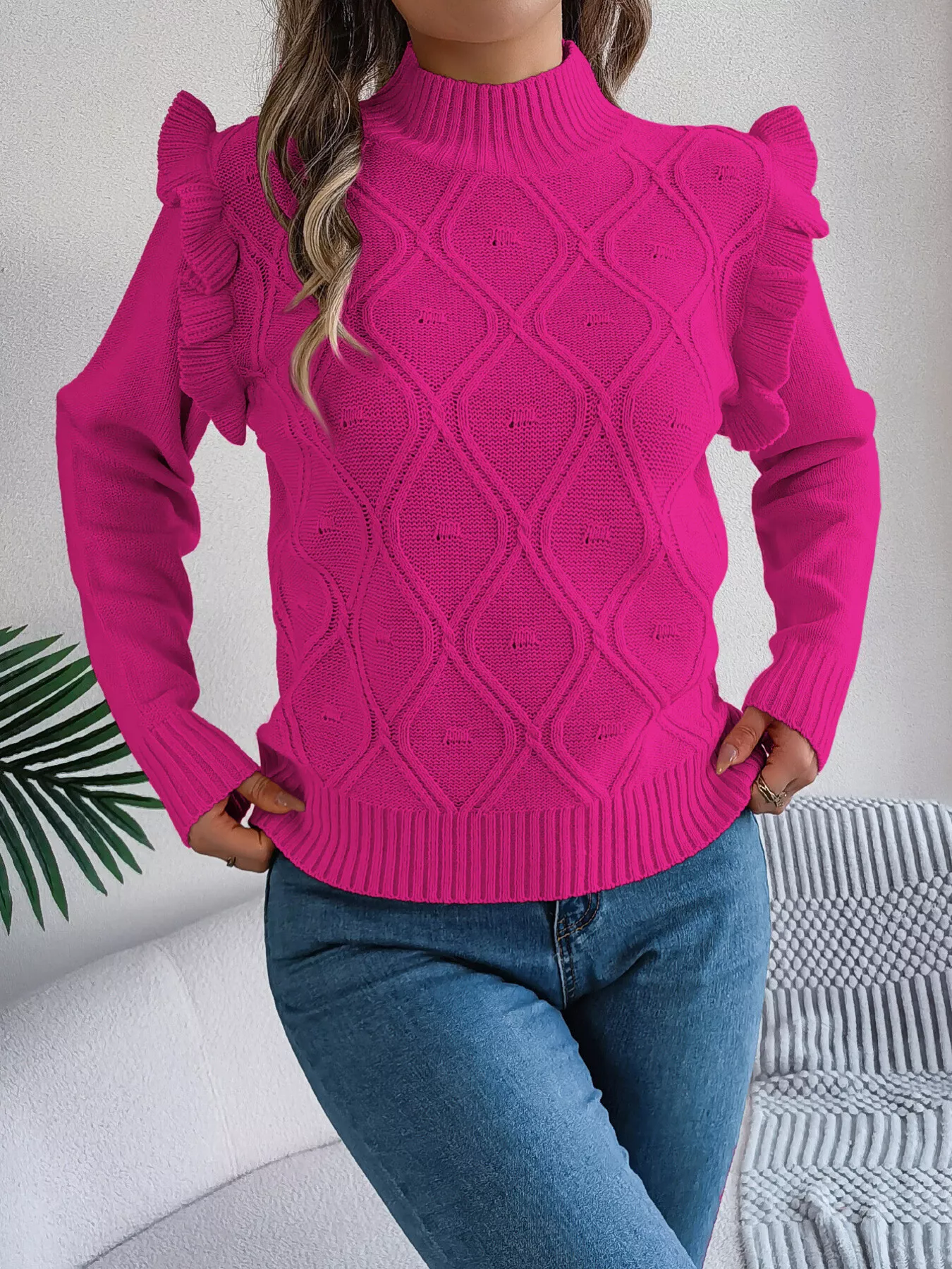 Mock Neck Ruffle Trim Long Sleeve Sweater - Image 8