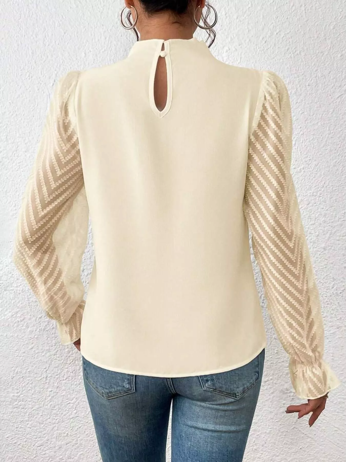 Mock Neck Sheer Lace Sleeve Blouse - Image 13