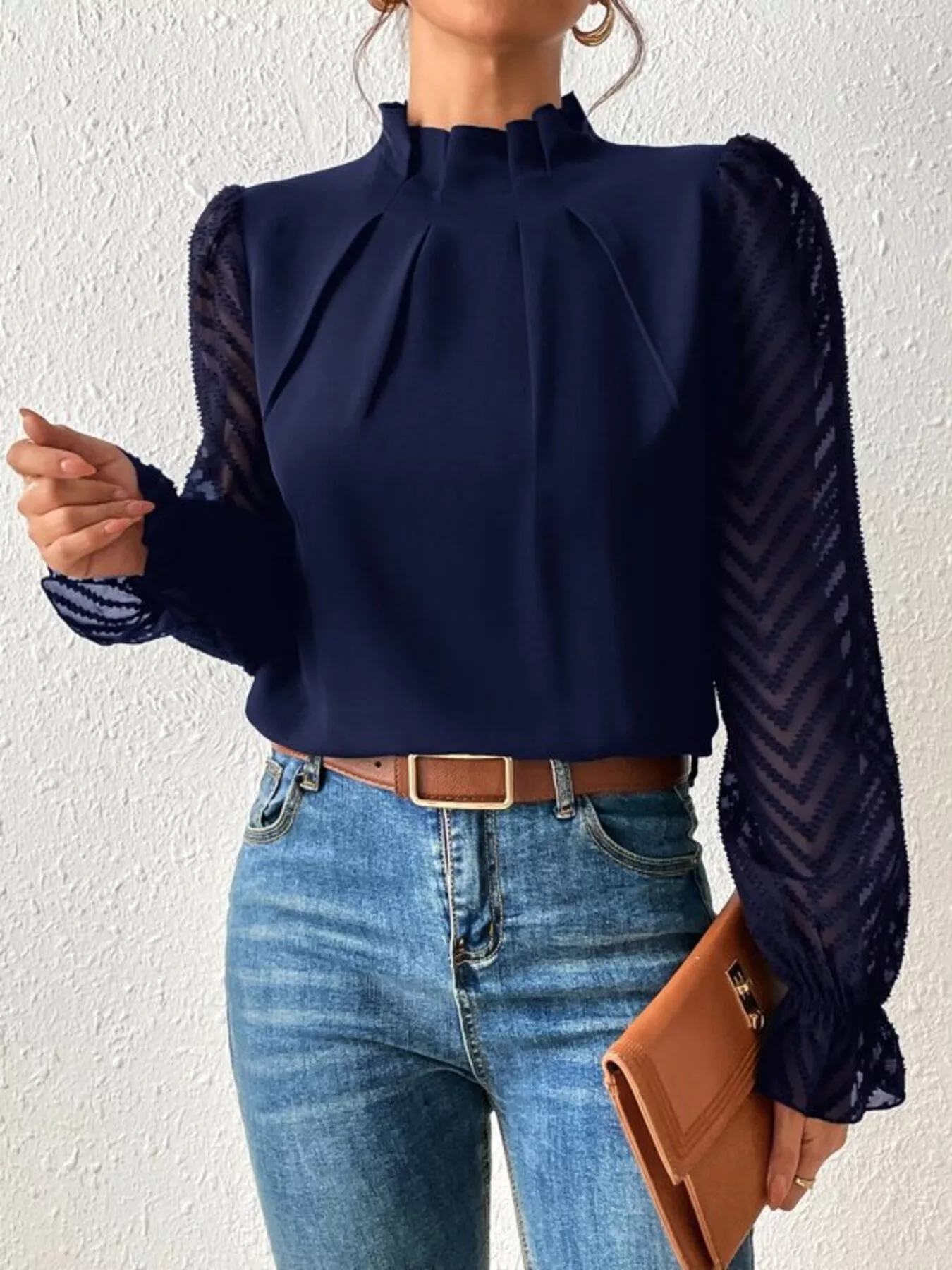 Mock Neck Sheer Lace Sleeve Blouse - Image 16