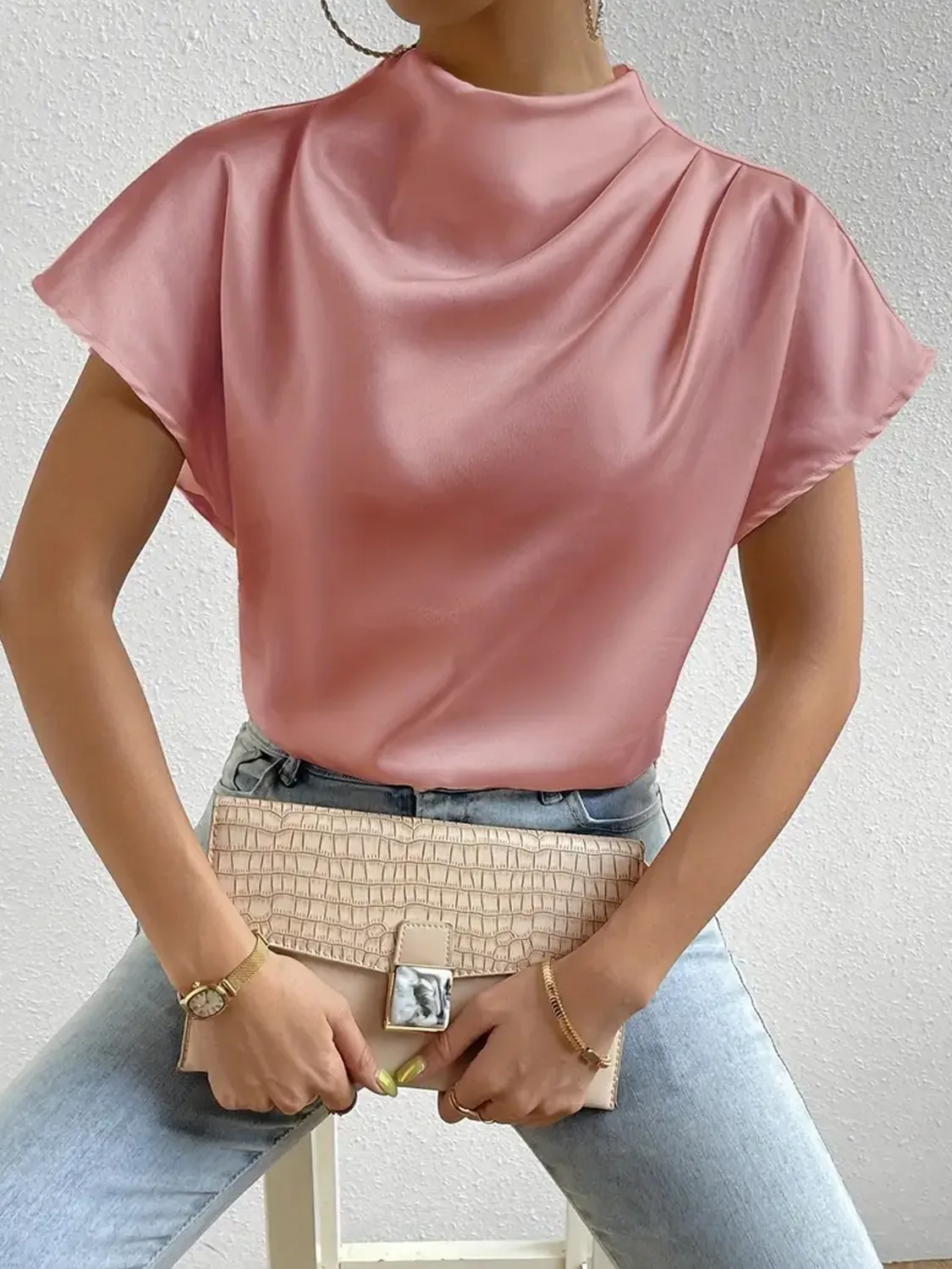 Mock Neck Short Sleeve Blouse - Image 2