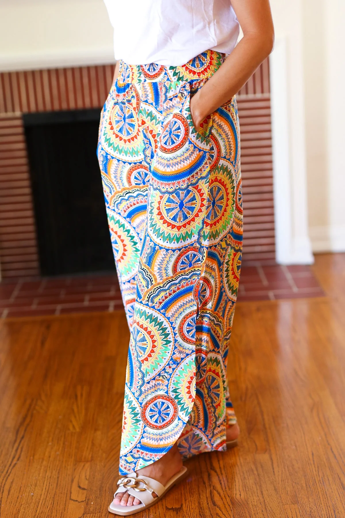 Multicolor Mandala Smocked Waist Side Slit Palazzo Pants - Image 11