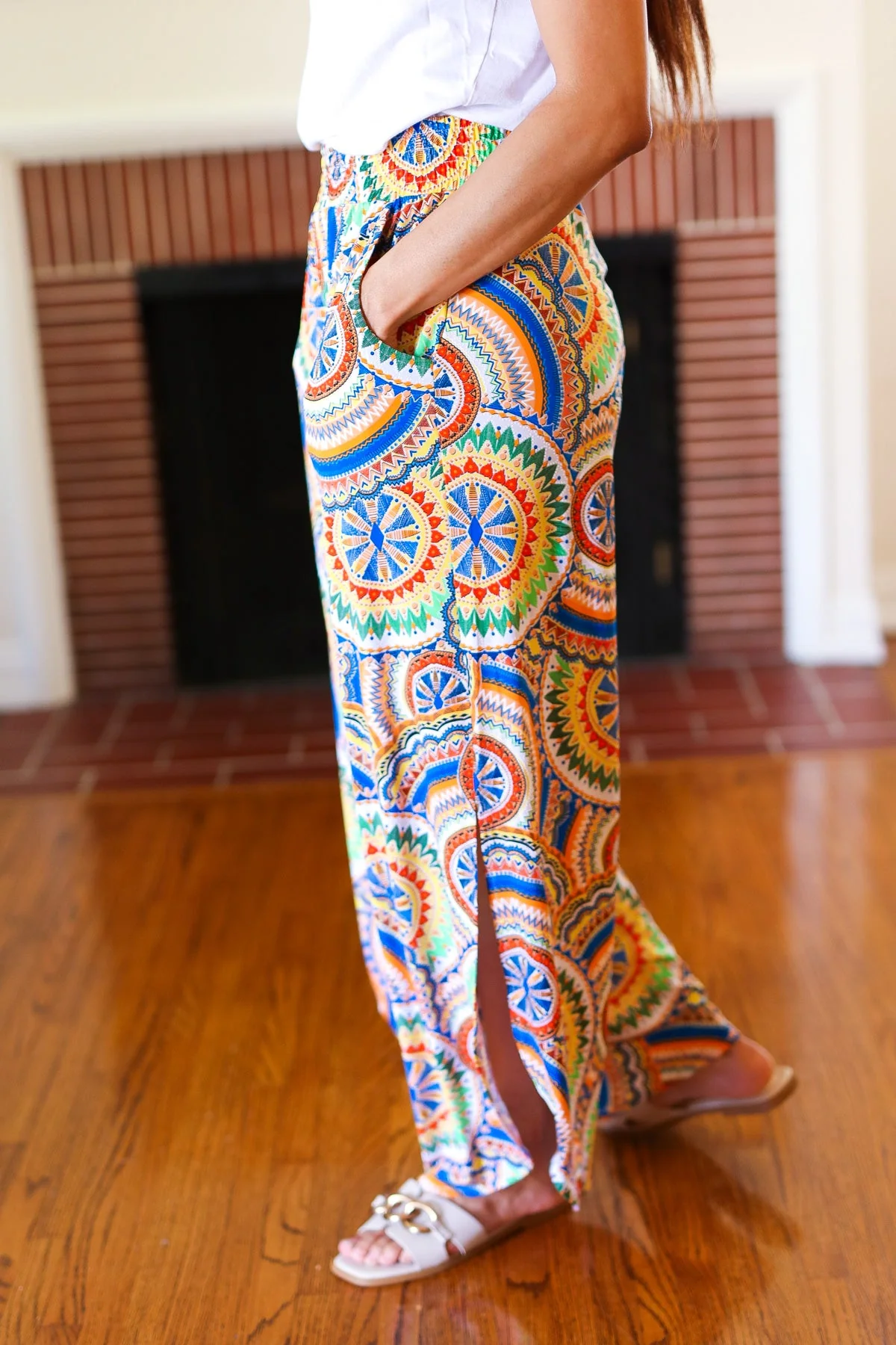 Multicolor Mandala Smocked Waist Side Slit Palazzo Pants - Image 12