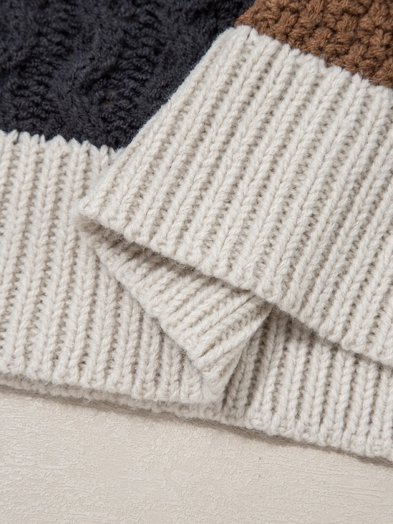 Multicolour Color Block Cable Knit Sleeve Buttons Collared Sweater - Image 7