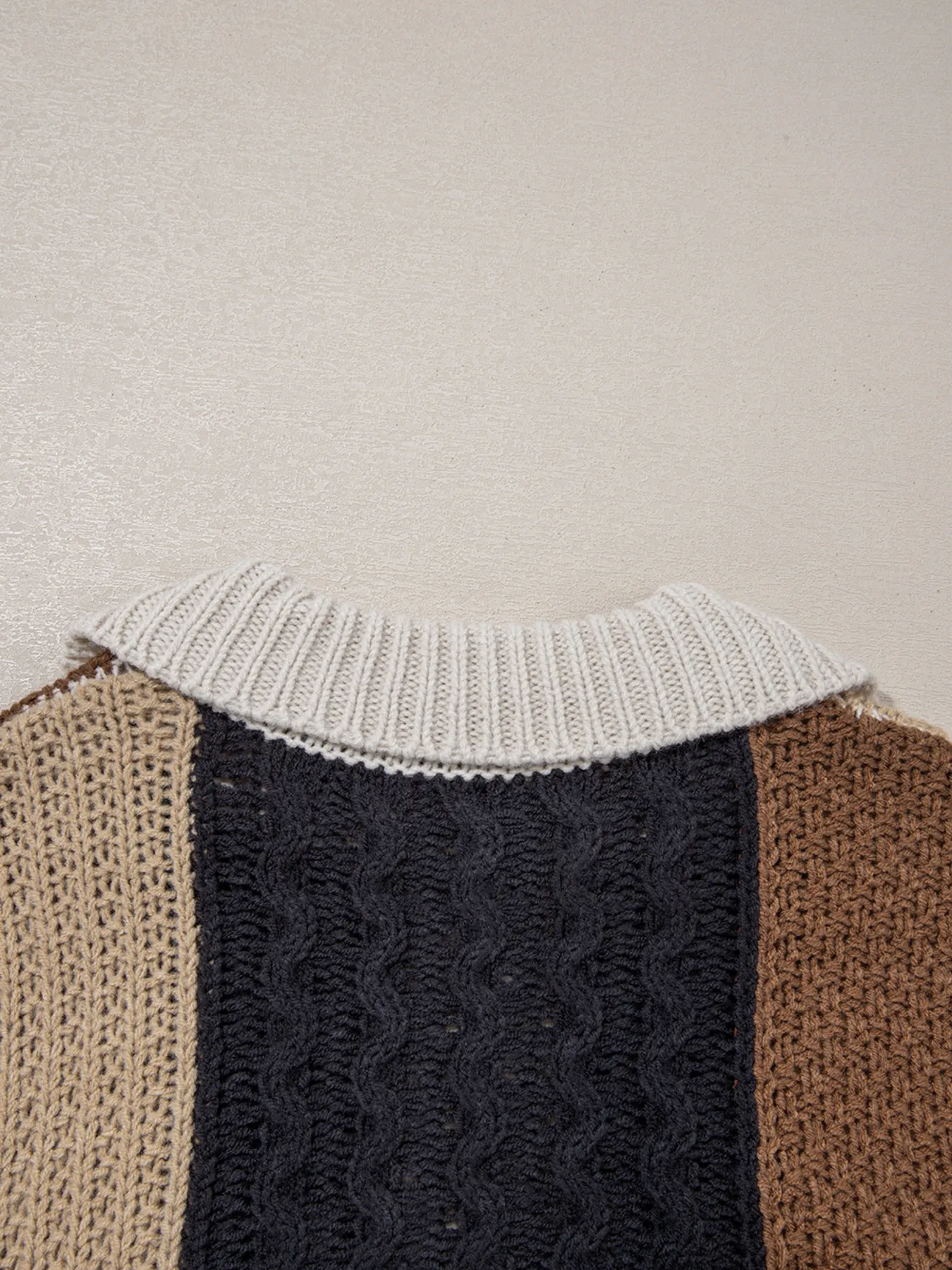 Multicolour Color Block Cable Knit Sleeve Buttons Collared Sweater - Image 8