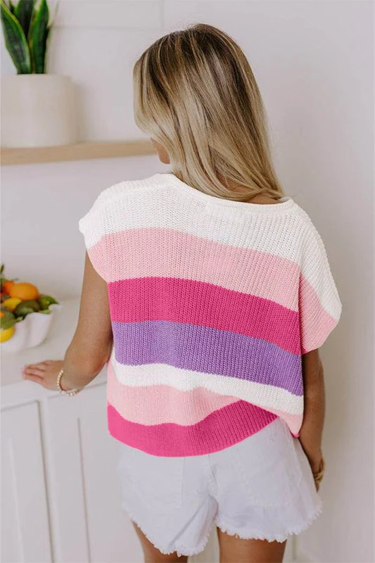 Multicolour Colorblock Notch V Neck Knit T Shirt - Image 10