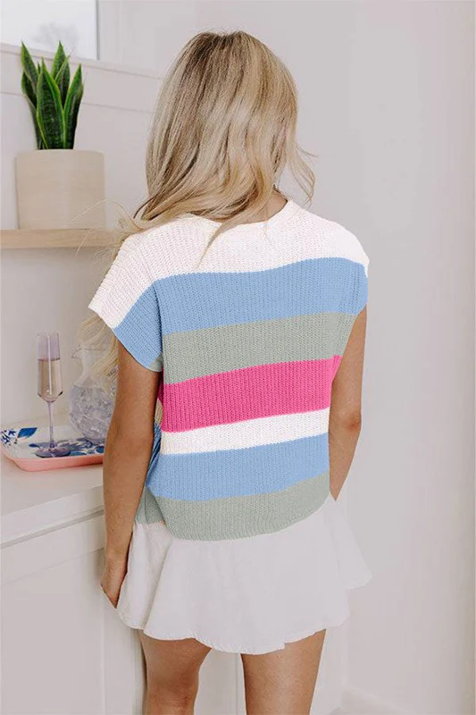 Multicolour Colorblock Notch V Neck Knit T Shirt - Image 15