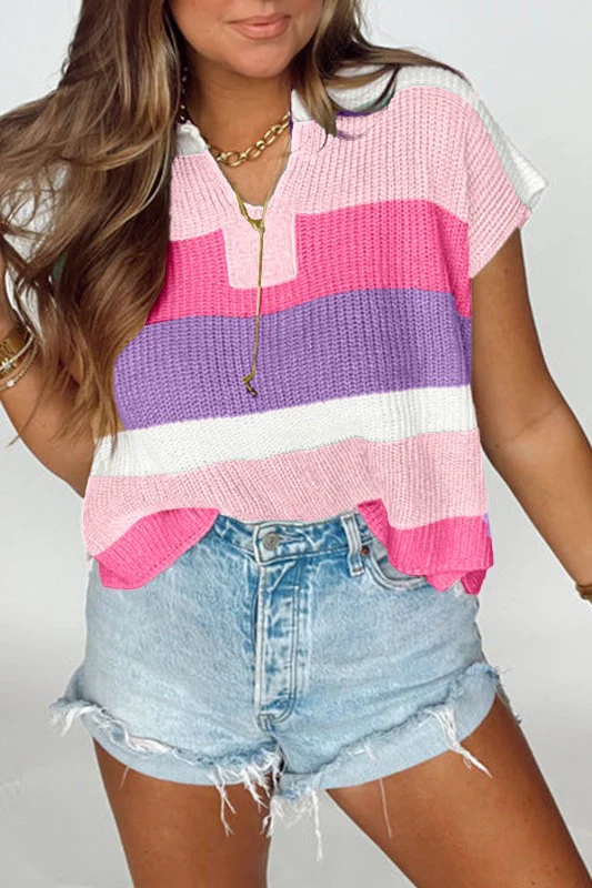 Multicolour Colorblock Notch V Neck Knit T Shirt - Image 9
