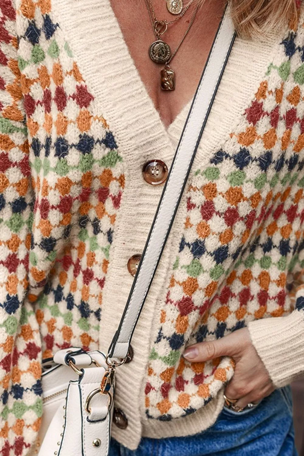 Multicolour Dotty Pattern Knit Button Front Cardigan - Image 3