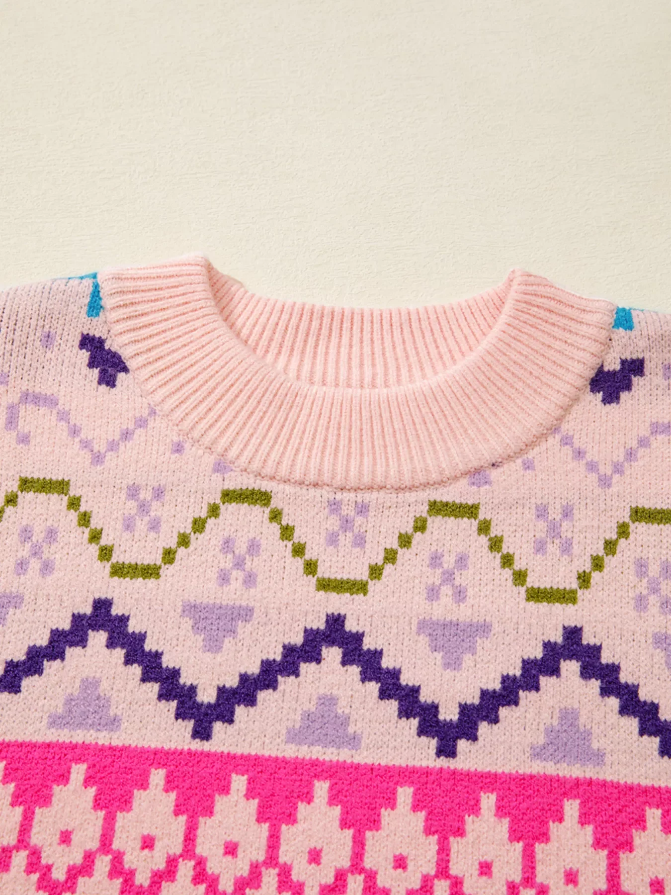 Multicolour Ethnic Christmas Pattern Knit Feather Cuffed Sweater - Image 5