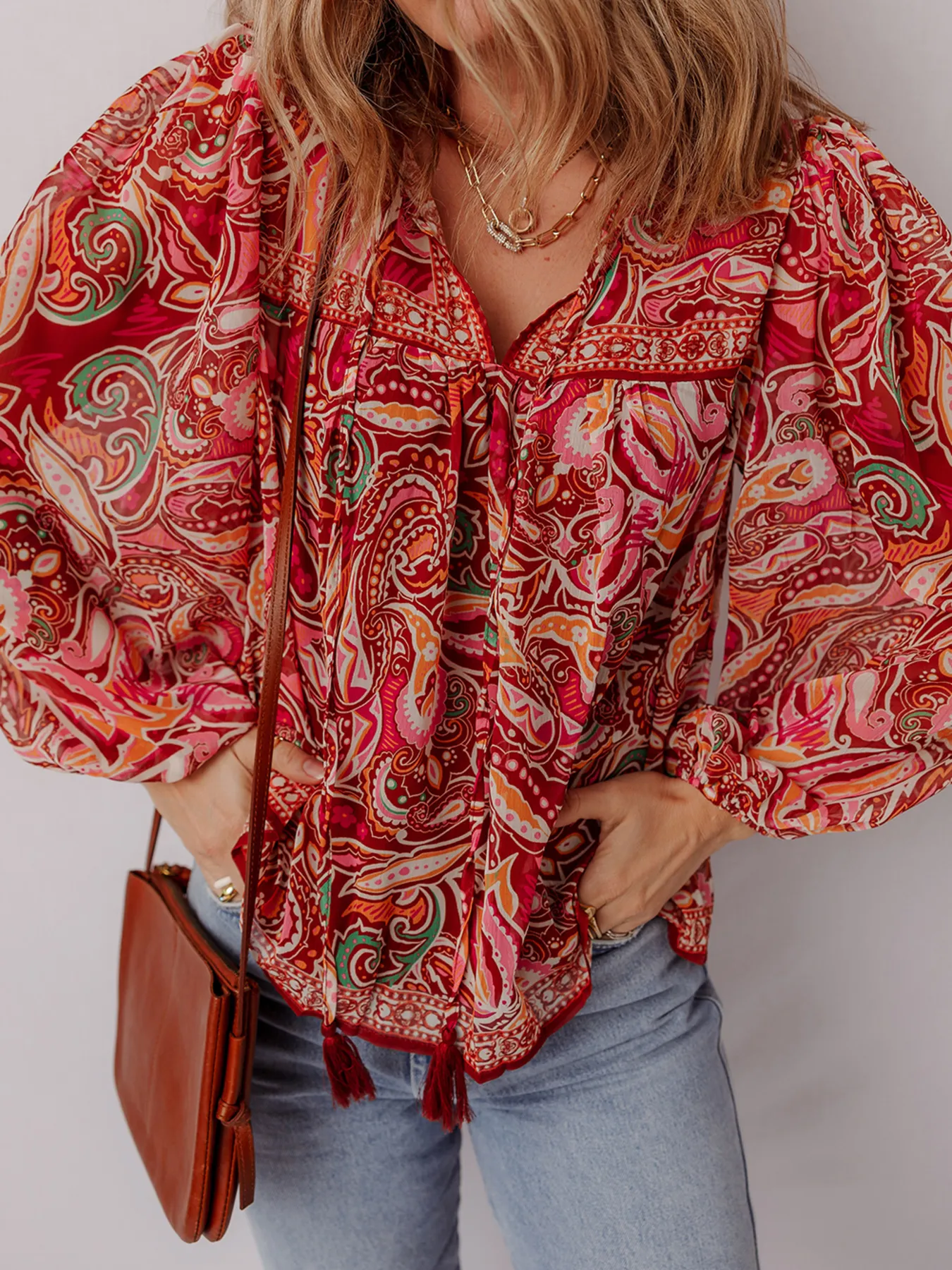 Multicolour Ethnic Paisley Print Tassel Tie Puff Sleeve Boho Blouse - Image 3