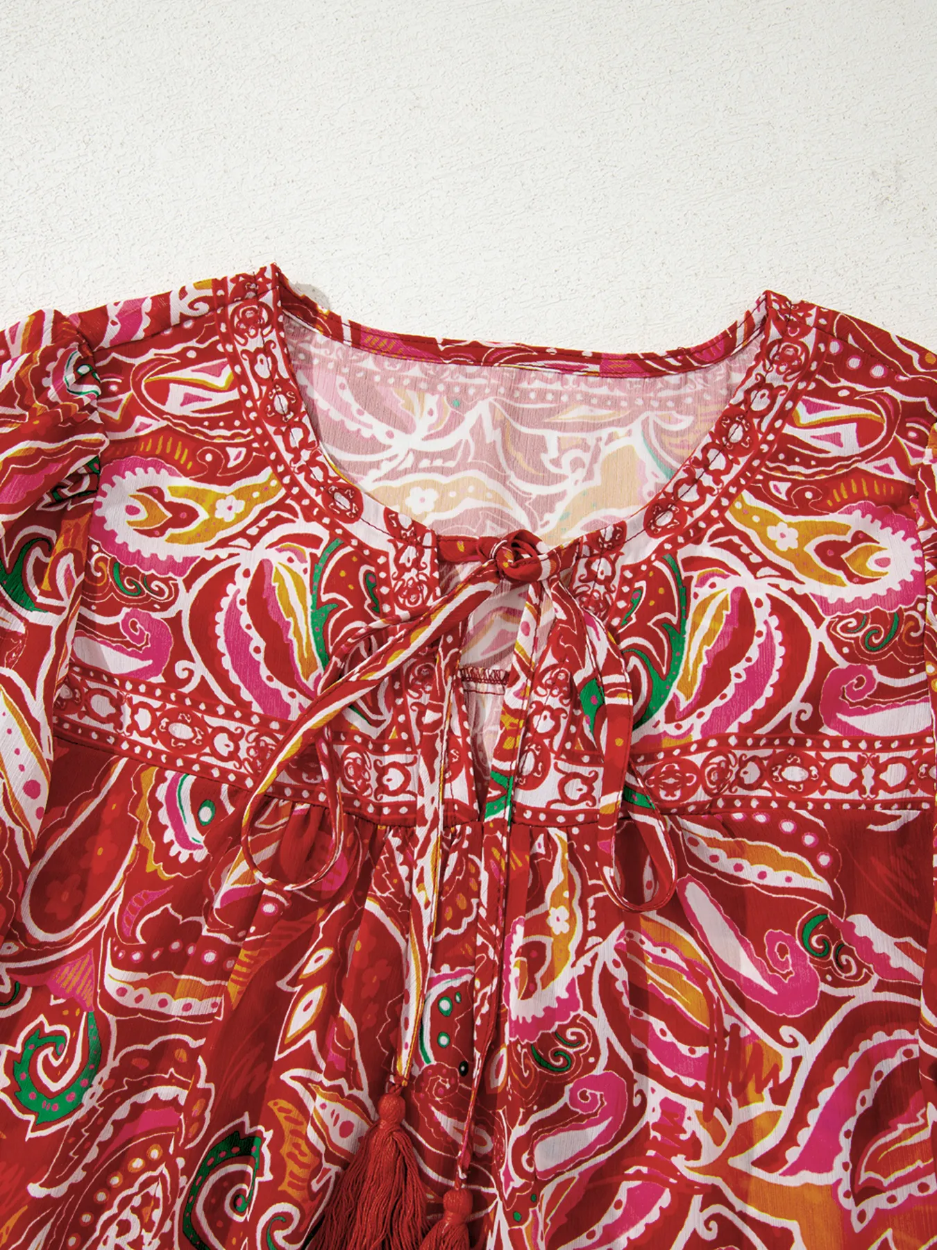 Multicolour Ethnic Paisley Print Tassel Tie Puff Sleeve Boho Blouse - Image 8