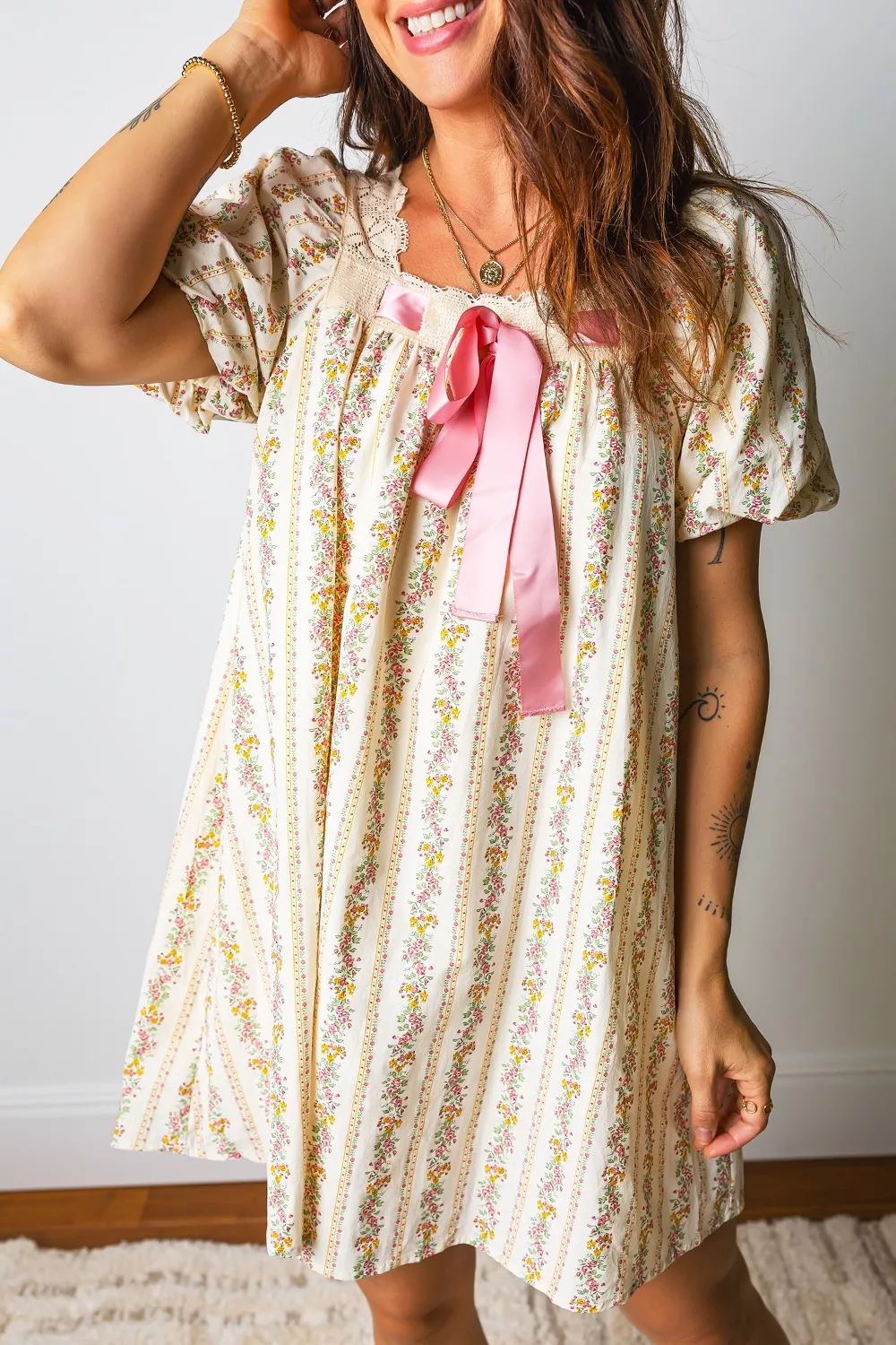 Multicolour Floral Print Contrast Ribbon Bow Lace Trim Square Neck Mini Dress - Image 2