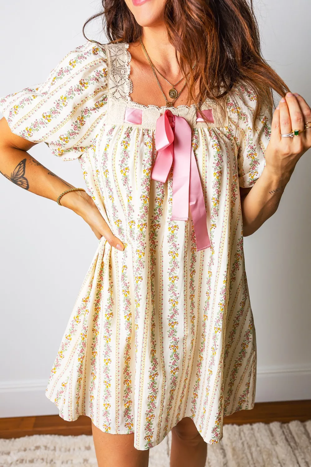 Multicolour Floral Print Contrast Ribbon Bow Lace Trim Square Neck Mini Dress - Image 4