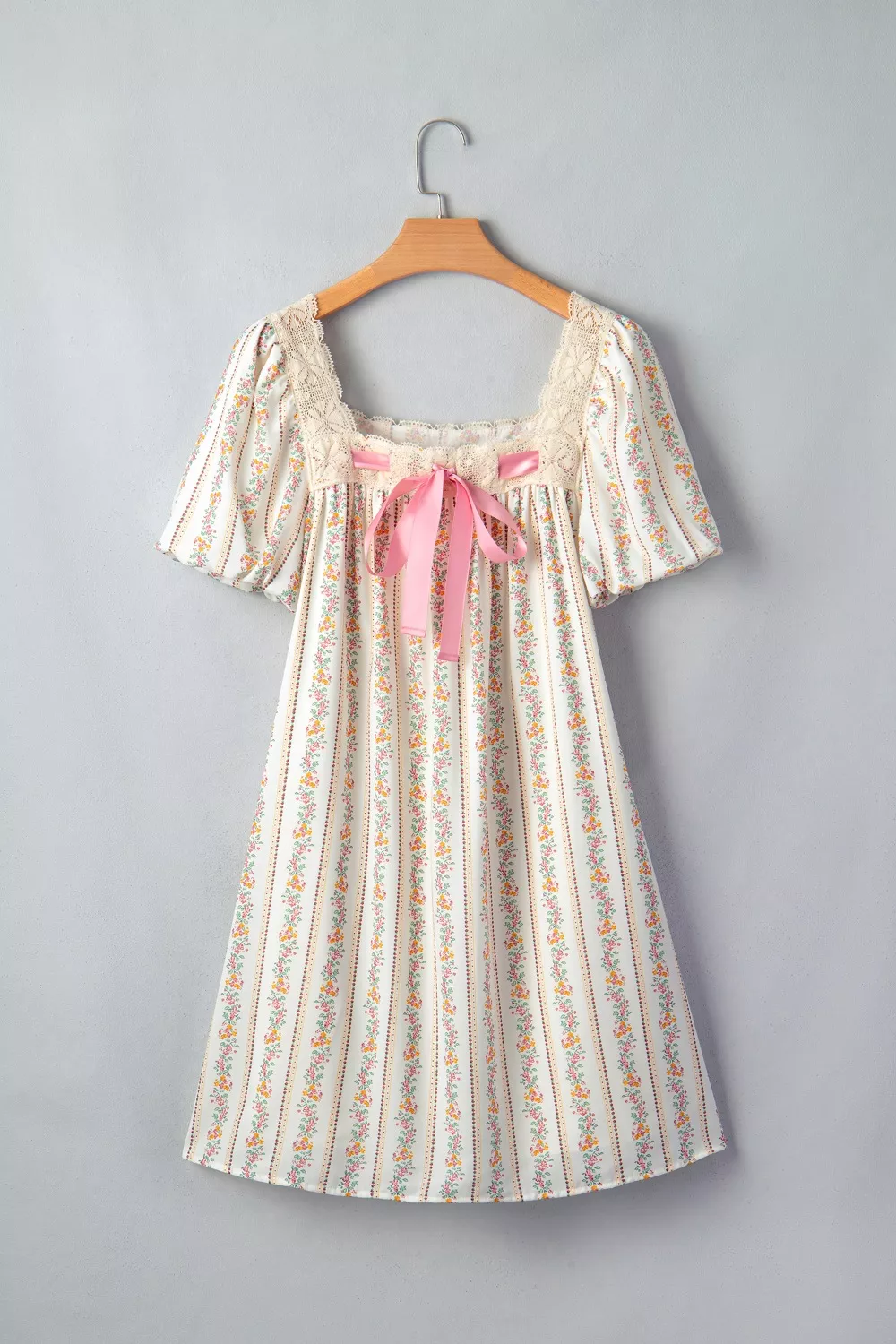 Multicolour Floral Print Contrast Ribbon Bow Lace Trim Square Neck Mini Dress - Image 5