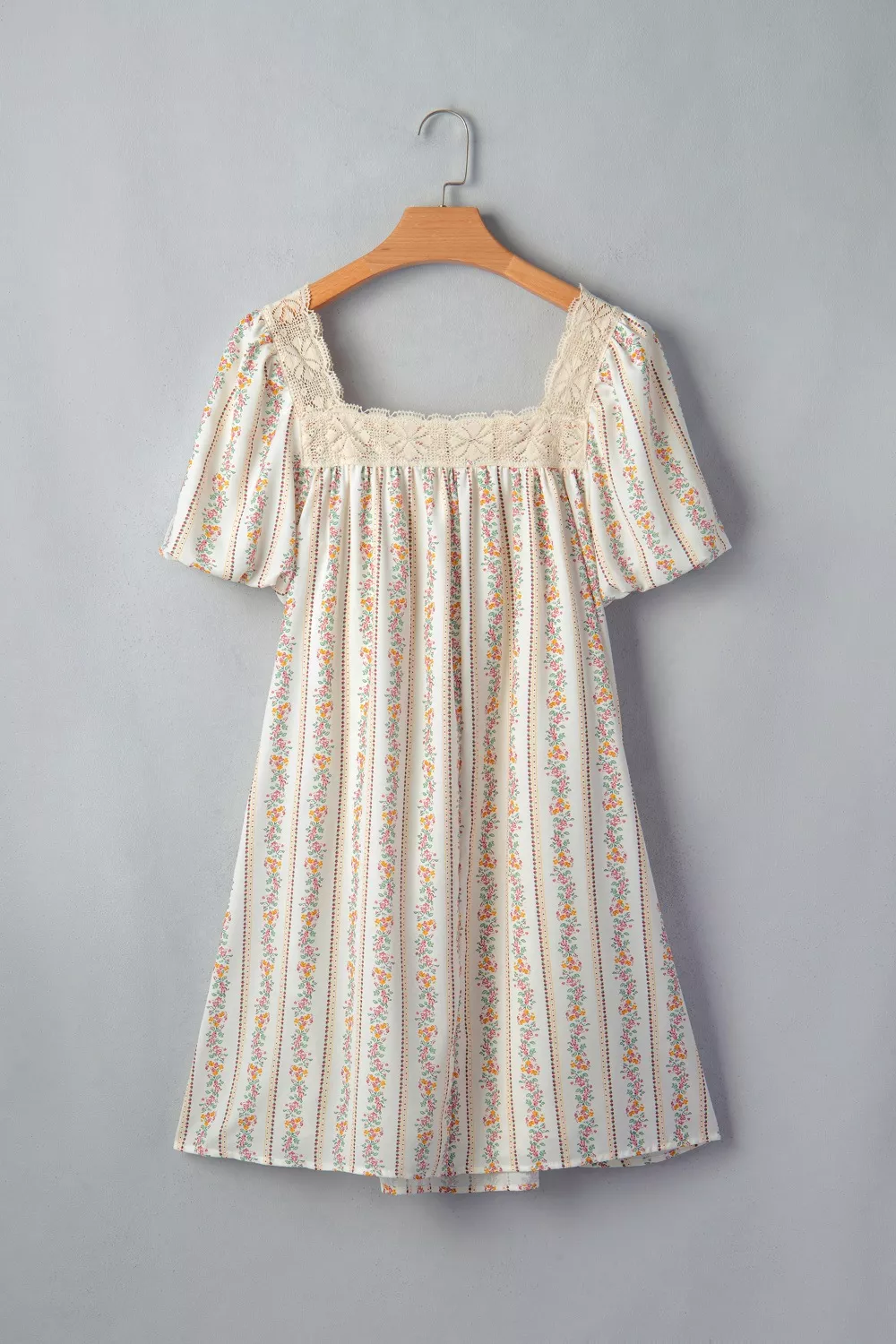 Multicolour Floral Print Contrast Ribbon Bow Lace Trim Square Neck Mini Dress - Image 6