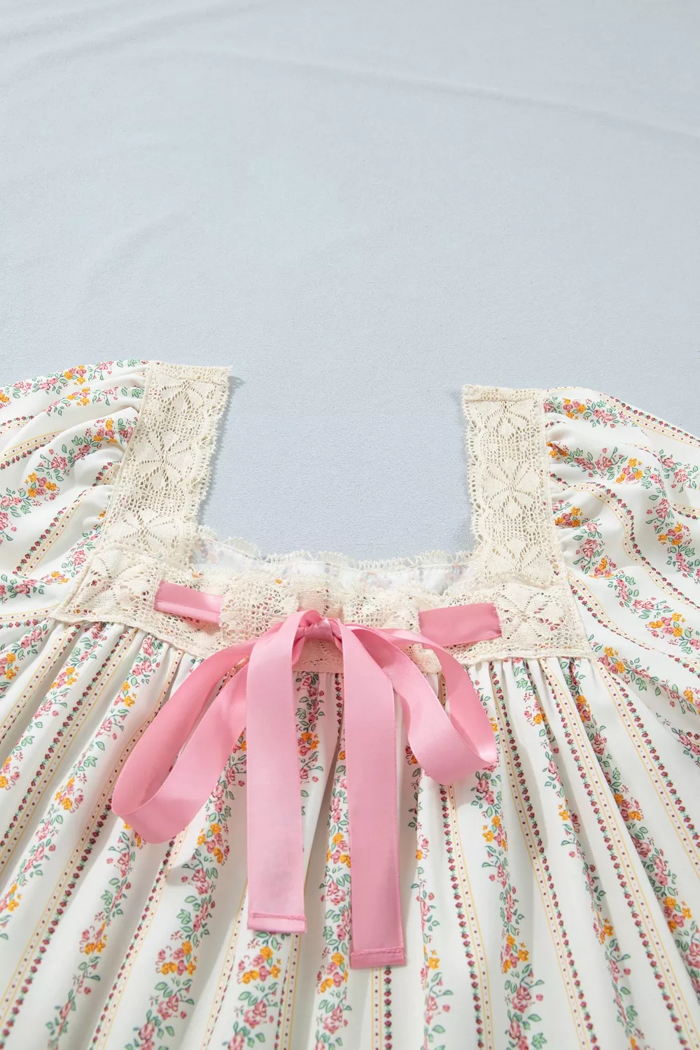 Multicolour Floral Print Contrast Ribbon Bow Lace Trim Square Neck Mini Dress - Image 7