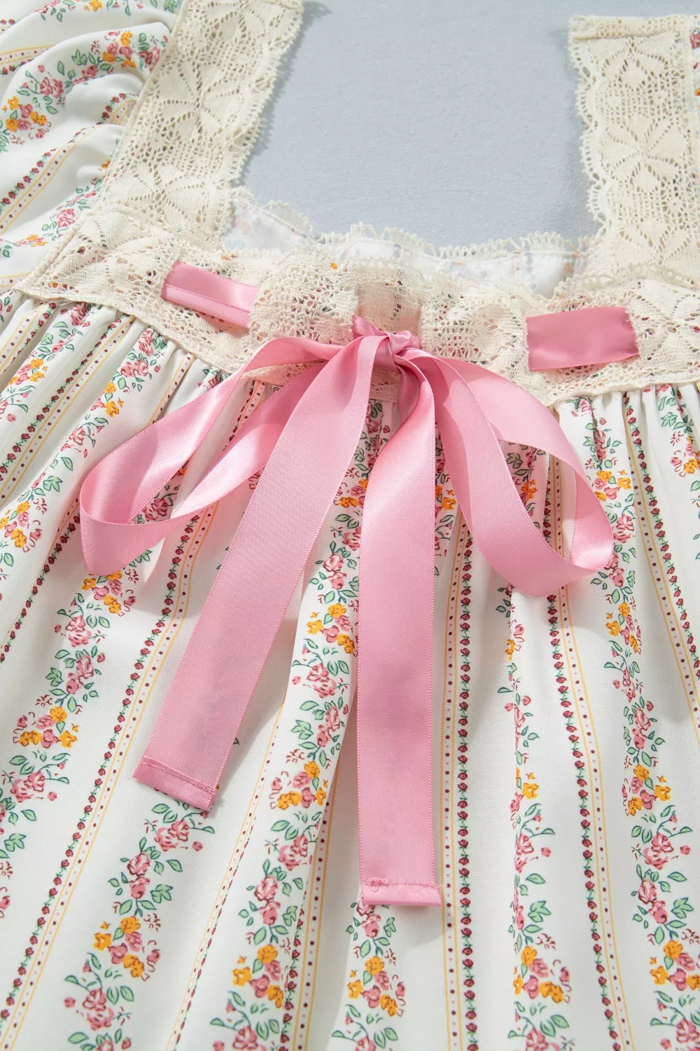 Multicolour Floral Print Contrast Ribbon Bow Lace Trim Square Neck Mini Dress - Image 8