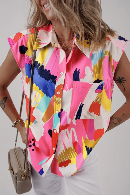 Multicolour Print Collared Cap Sleeve Casual Shirt