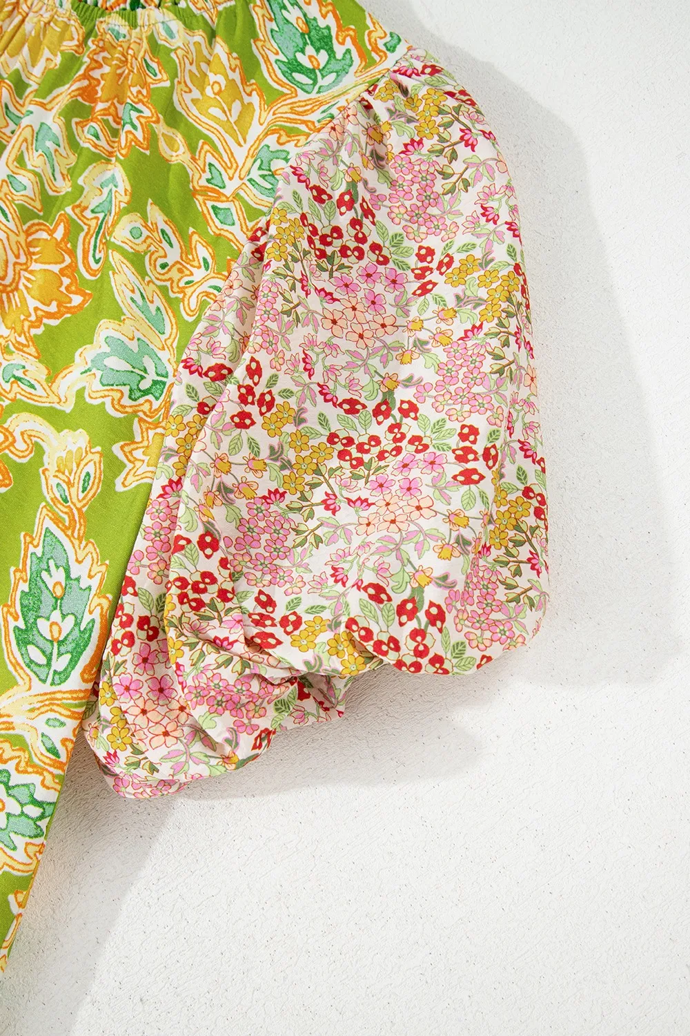 Multicolour Printed Contrast Bubble Sleeve Patchwork Blouse - Image 8