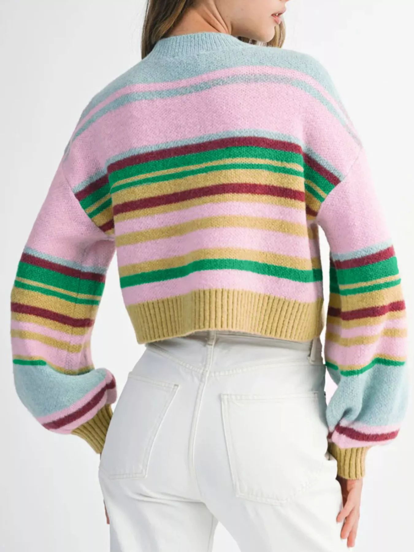 Multicolour Striped Knit Ribbed Trim Boxy Fit Cropped Sweater - Image 2